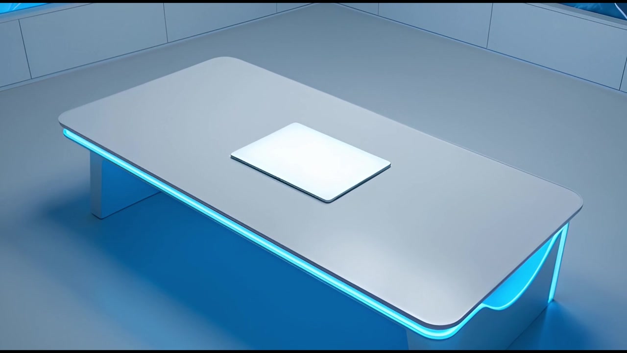 Tavolo moderno futuristico con illuminazione LED blu e schermo integrato