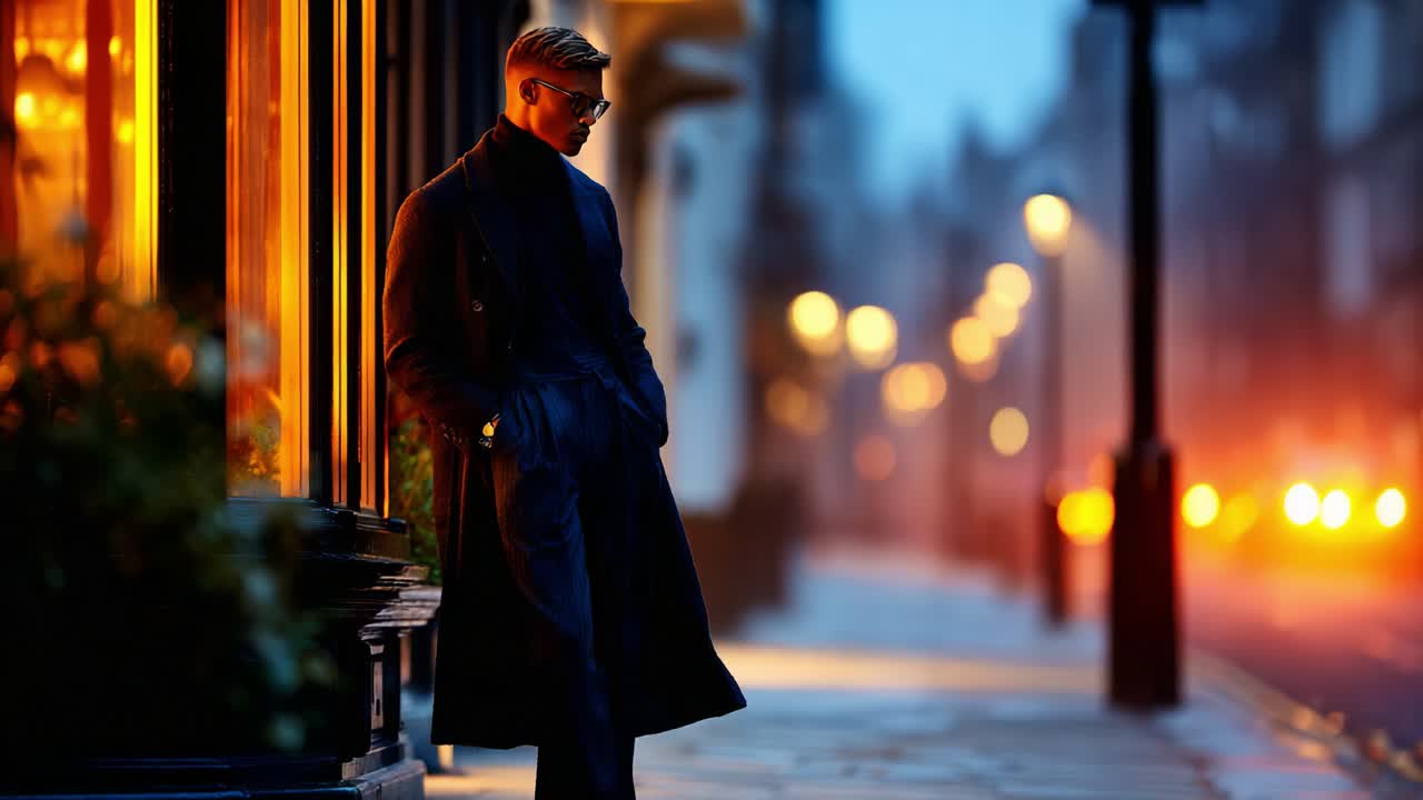 A Stylish Individual Dressed in a Long Coat Stands Along a Dimly Lit Street as Evening Sets In, Highlighting the Contrast of Warm Lights Against the Cool Night Air