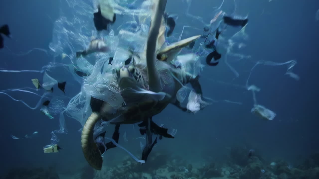 Sea Turtle Entangled in Plastic Debris