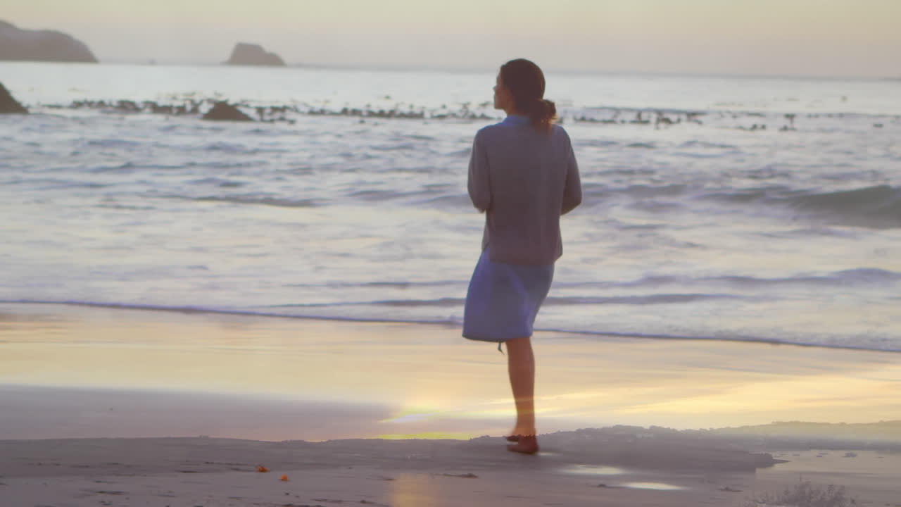 해가 지는 동안 해변에서 고 있는 여자 의 뒷면