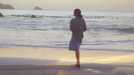 Vista-Trasera-De-Una-Mujer-Caminando-Por-La-Playa-Durante-El-Atardecer.