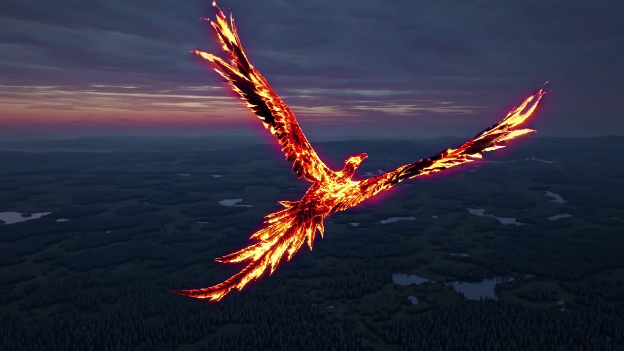 Aerial video of a fiery phoenix soaring over a dark forest at dusk, showcasing a dynamic, mythical