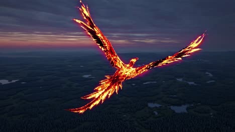 aerial video of a fiery phoenix soaring over a dark forest at dusk, showcasing a dynamic, mythical