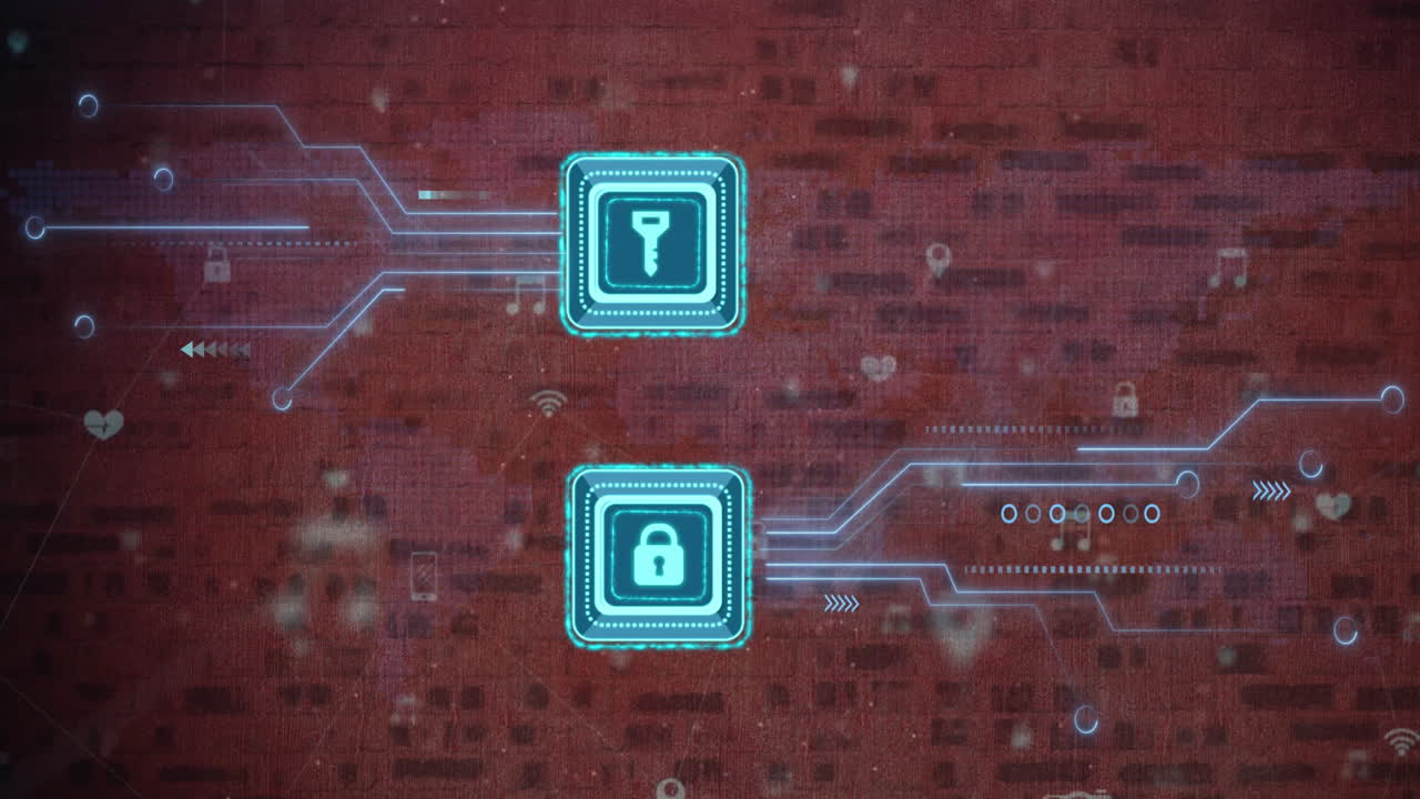 Animation of padlock and key icons and with networks of connections over brick wall