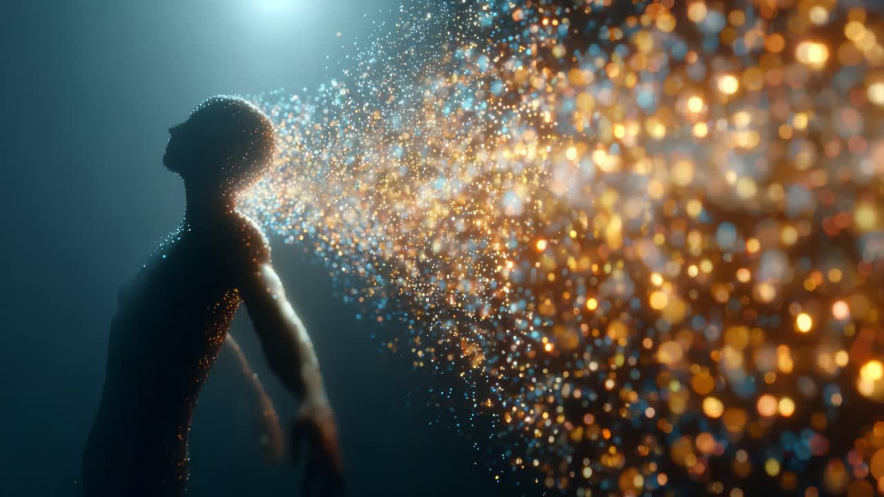A mesmerizing depiction of a luminous figure, radiating a cascade of sparkling particles that embody a sense of enlightenment, transformation, and ethereal beauty against a soft, blurred backdrop of light