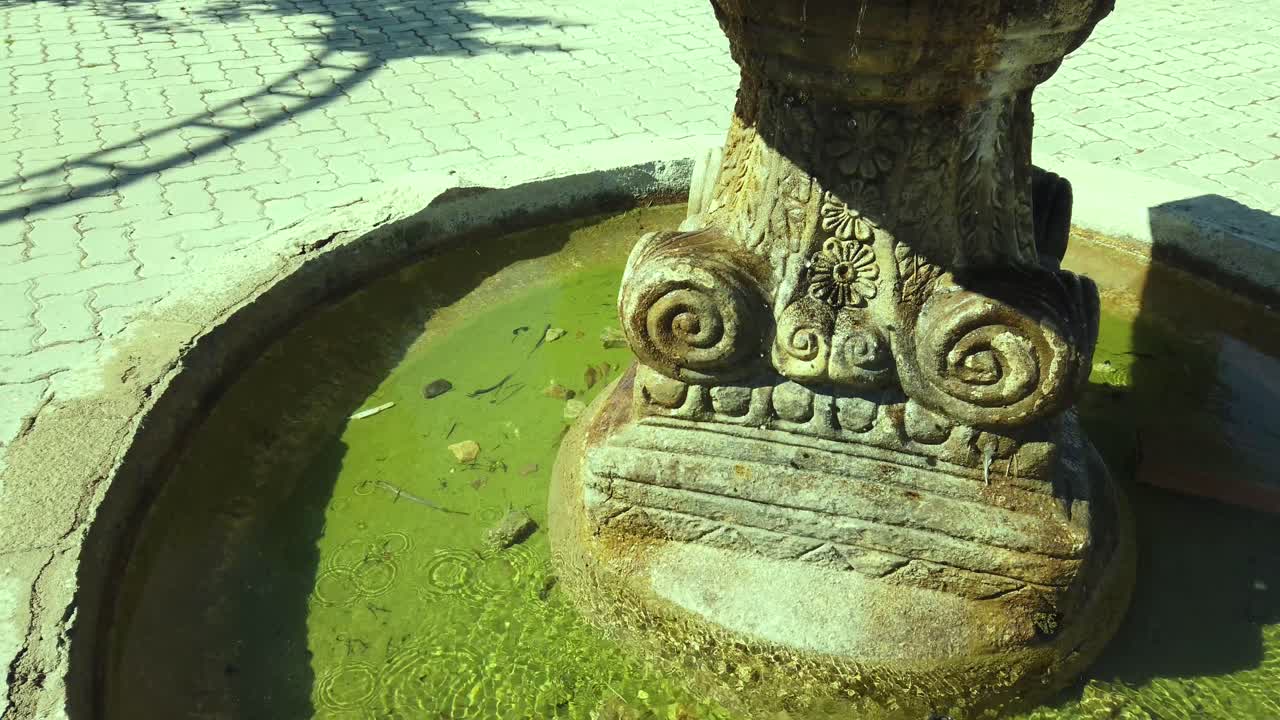 Old carved stone fountain with water falling into the green base