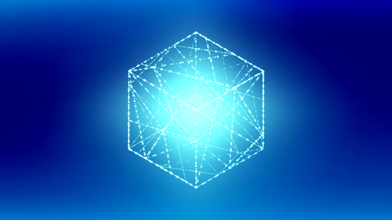 큐브 박스, 이소메트릭 와이어 프레임, 다각형, 보케, 라이트 프레임 구조, 블록체인, 암호화폐 개념 디자인, 블루그래디언트 배경의 일러스트레이션, 원활한 루핑 애니메이션, 4k