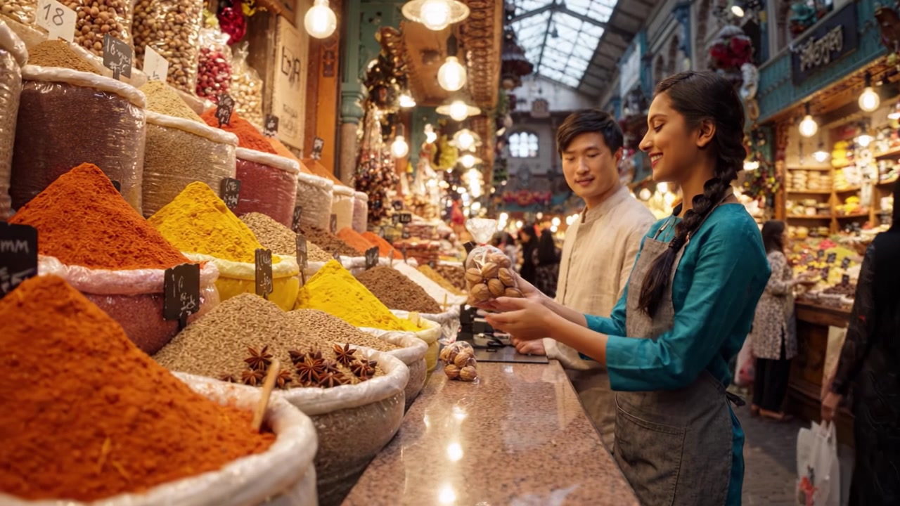 Scena di mercato vivace che mostra una varietà di spezie colorate, con due individui impegnati in una conversazione, circondati da ingredienti aromatici e un'atmosfera animata.