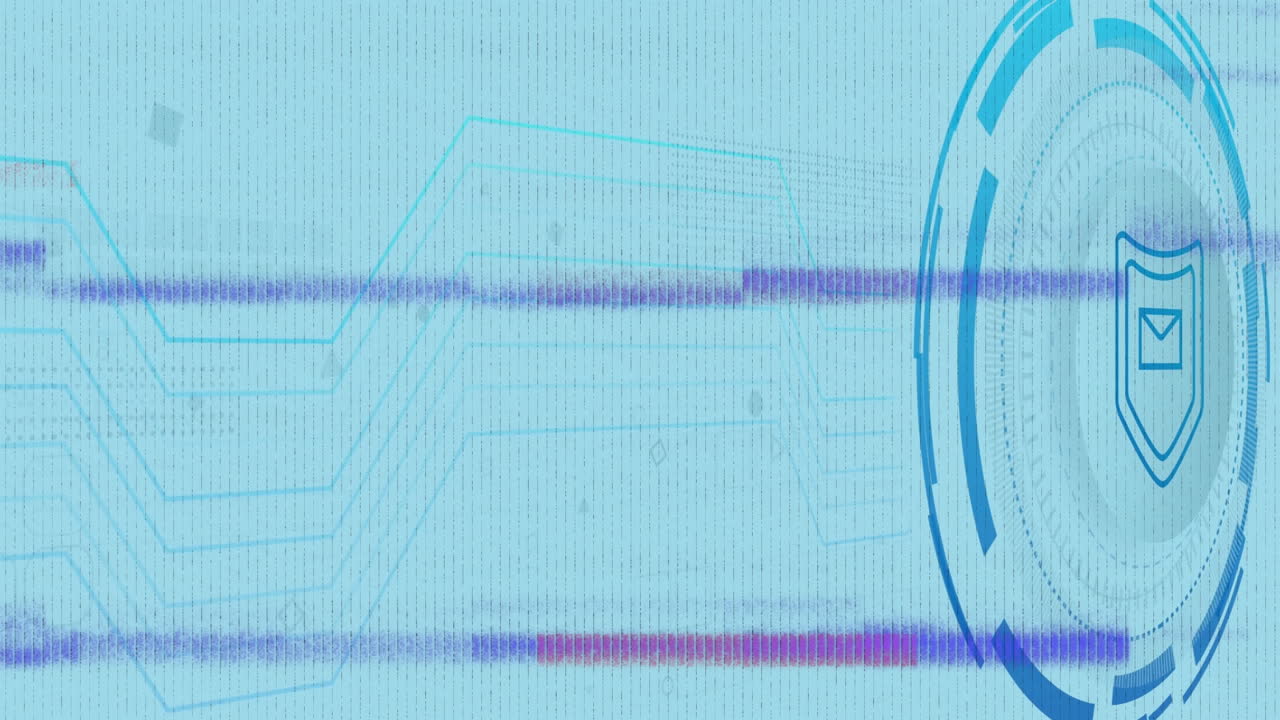 Animation of digital shield with blue lines and binary code background