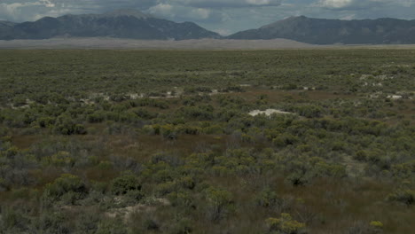 aerial cinematic drone late summer opening view entrance of the great sand dunes national park colorado rocky mountain 14er peaks crisp golden yellow tall grass blue sky clouds forward pan up