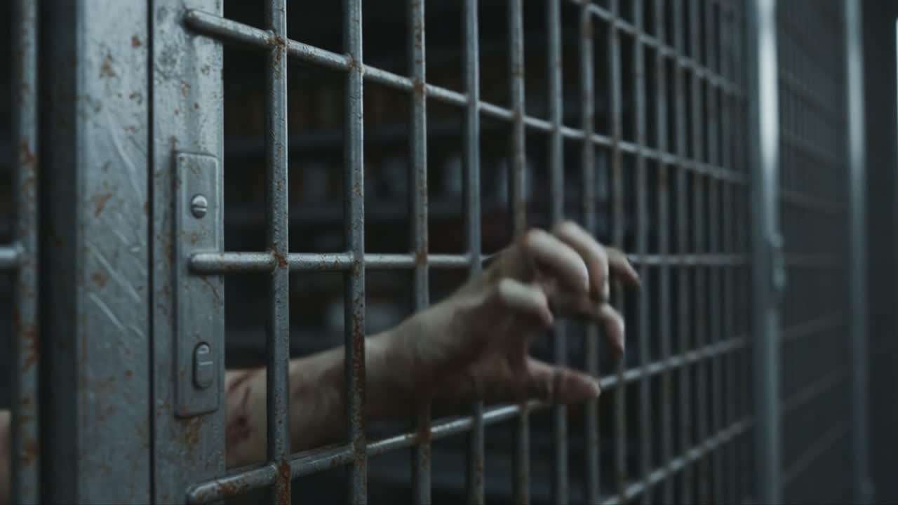 A Gripping Journey Behind Bars: A Haunting Glimpse of Captivity and Desperation as a Gnarled Hand Reaches Through Rusty Prison Bars in an Enigmatic Atmosphere