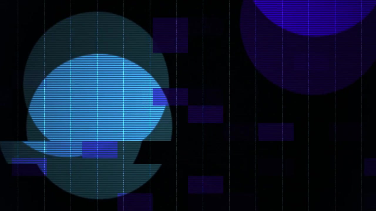 Abstract Digital Background with Moving Blue Circles and Glitch Effects