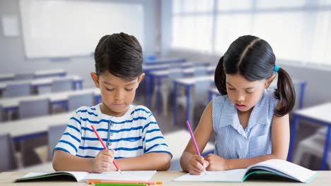 animation of schoolgirl and schoolboy busy working in notebooks over school classroom