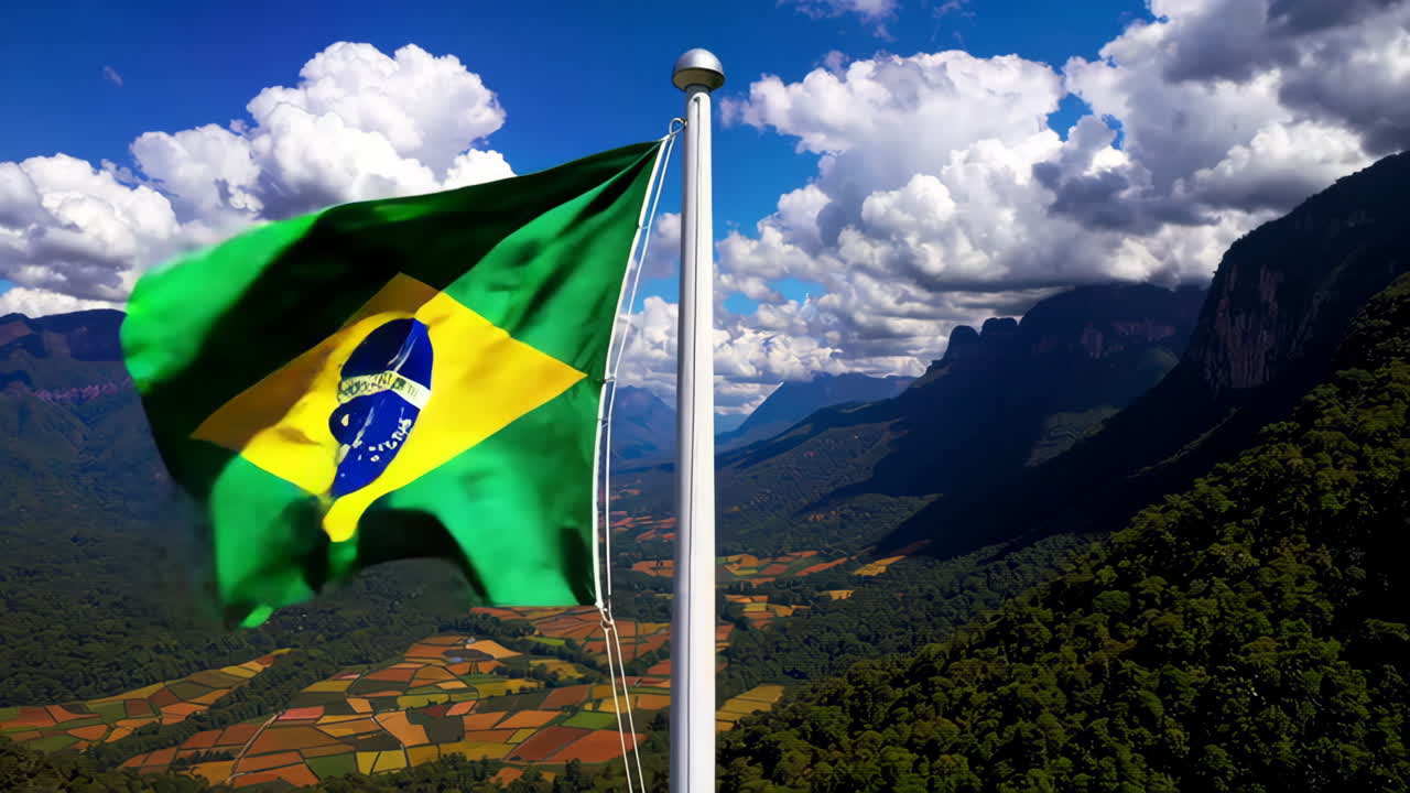 Brazilian Flag Waving over Mountains and Agricultural Lands