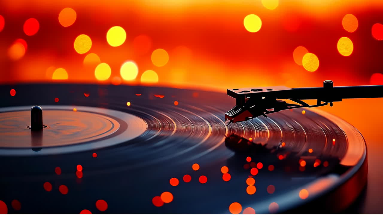 Listening to vinyl records in warm light. A vinyl record spins on a turntable while warm lights create a cozy atmosphere, perfect for music lovers