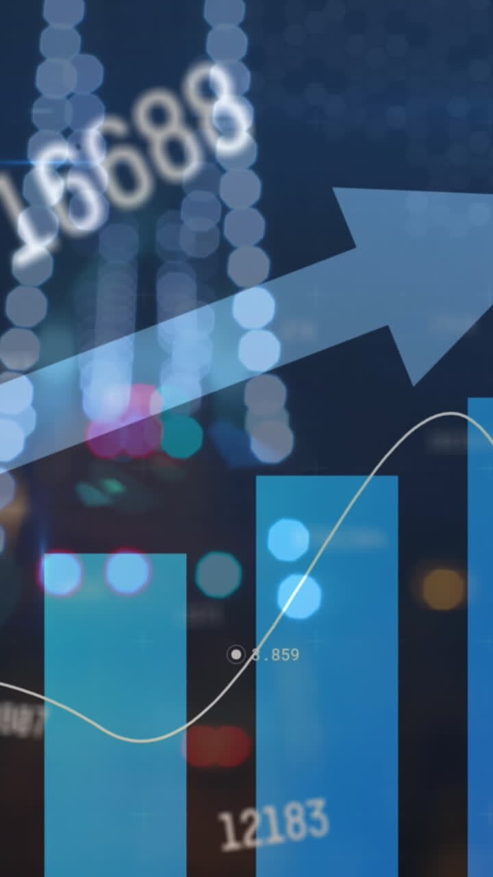 Animation of statistics and numbers processing with arrow over cityscape