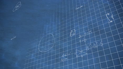 텍스처 파란색 배경에 대한 그리드 네트워크를 통해 수학적 방정식과 공식의 애니메이션