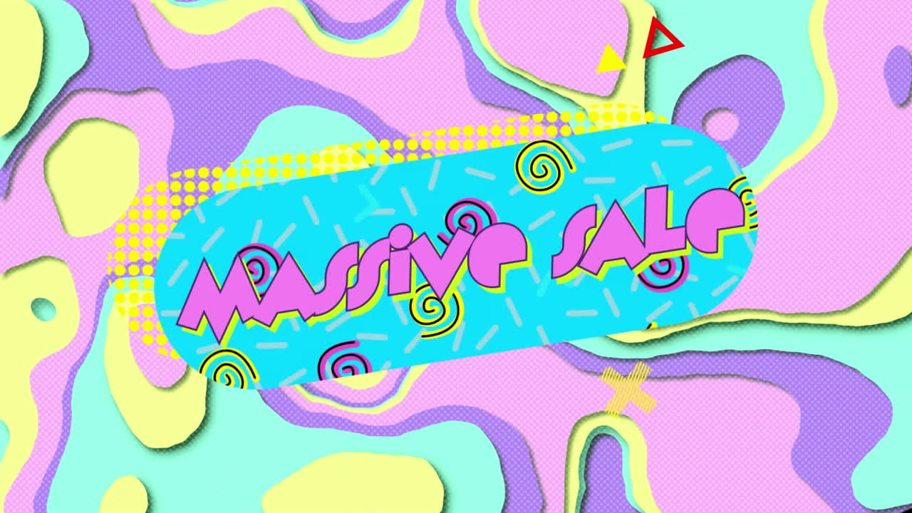 animación de texto de venta masivo y patrón en espiral sobre patrón abstracto multicolor