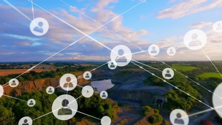 Animazione di reti di connessioni con icone su un paesaggio