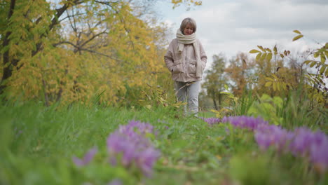 close up of lady strolling through lush autumn garden path lined with vibrant purple blooms and golden foliage, wearing pink coat and chunky scarf over grey joggers and white sneaker