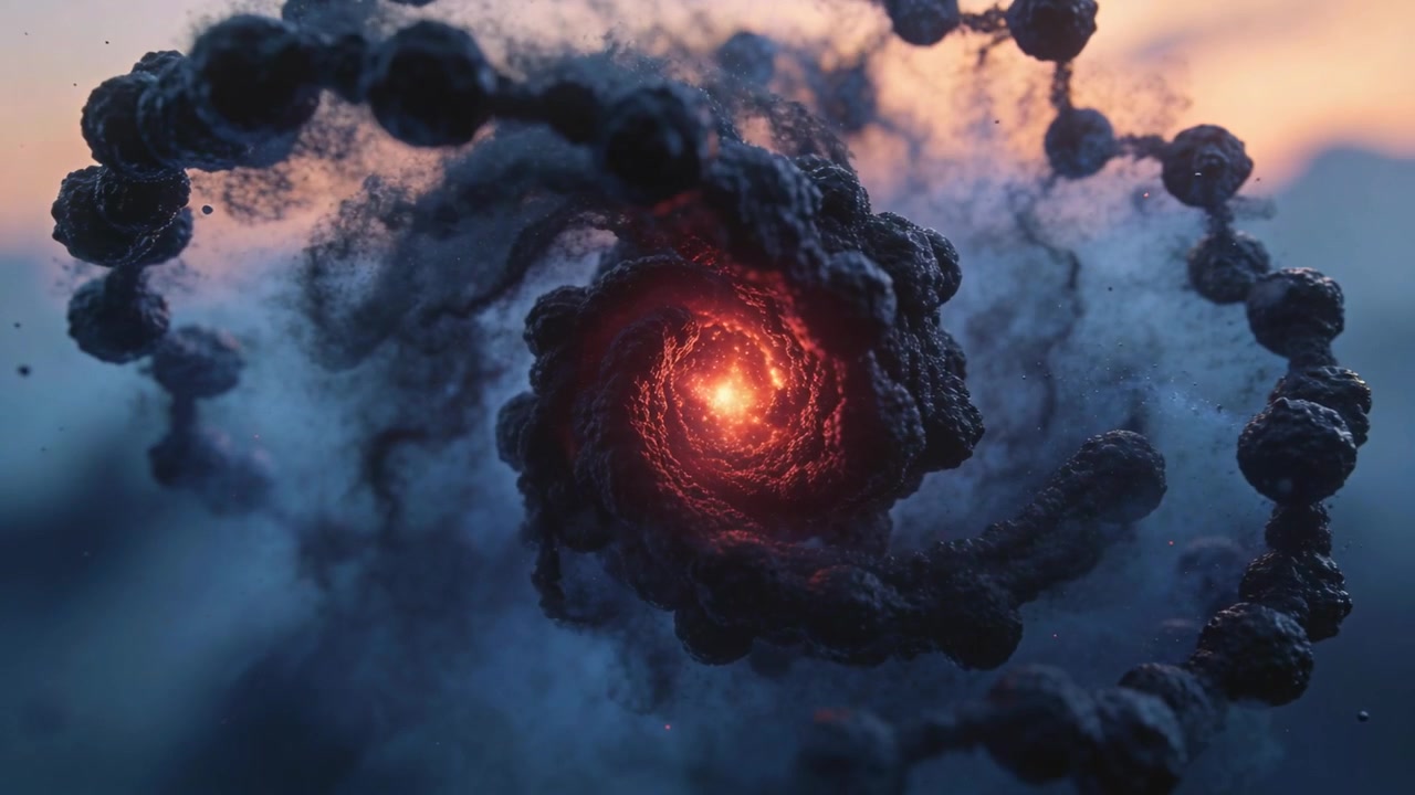 Rotating vortex revealing pulsing ember core and bead chain during frame sequence against warm sky