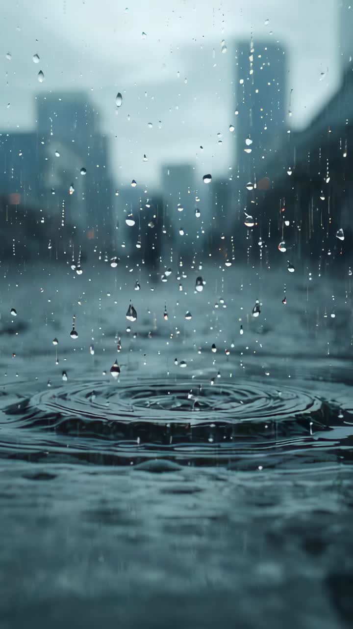 Vertical video: Falling raindrops on glass sending ripples across shallow puddle at city street