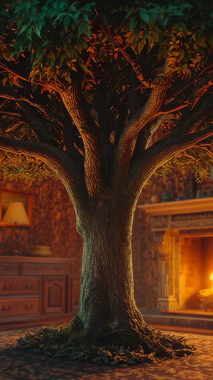 Vertical video: Flickering fireplace firelight casting patterns on tree and foliage in parlor
