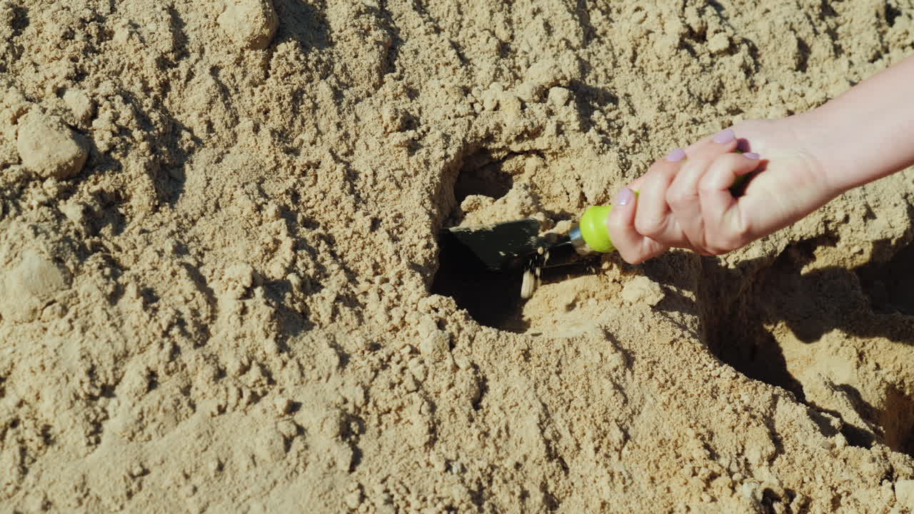 작은 정원 삽을 든 손이 큰 더미에서 모래를 모은다