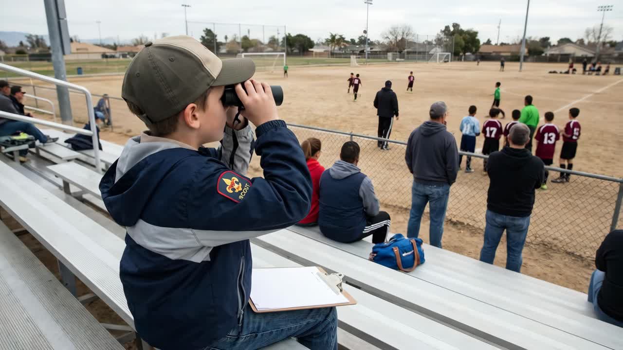 Giovane boy scout guarda una partita di calcio con il binocolo e prende appunti