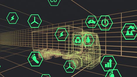 animación de la interfaz digital del coche y los iconos eco sobre el modelo 3d del coche