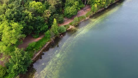 aerial above scenic nature landscape with clear lake water and green trees in near breda, netherlands.