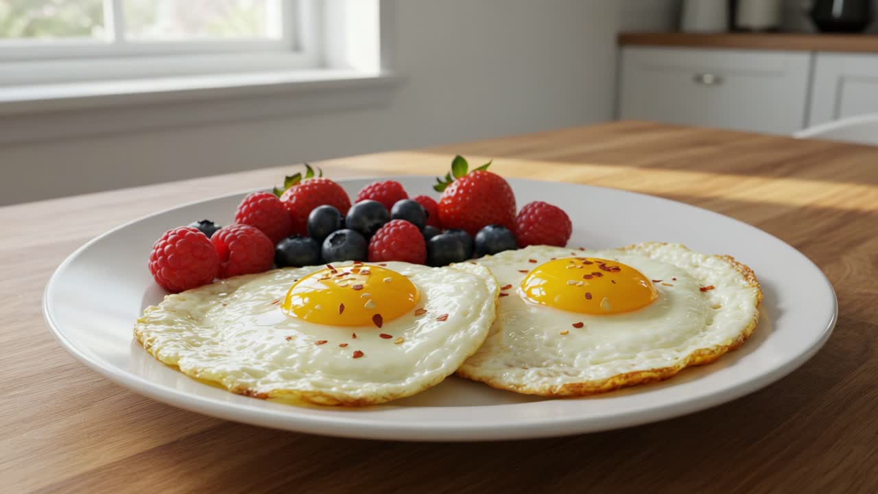 Delicious Breakfast Plate Featuring Two Perfectly Cooked Eggs and a Colorful Medley of Fresh Berries on a Wooden Table in a Bright Kitchen Setting