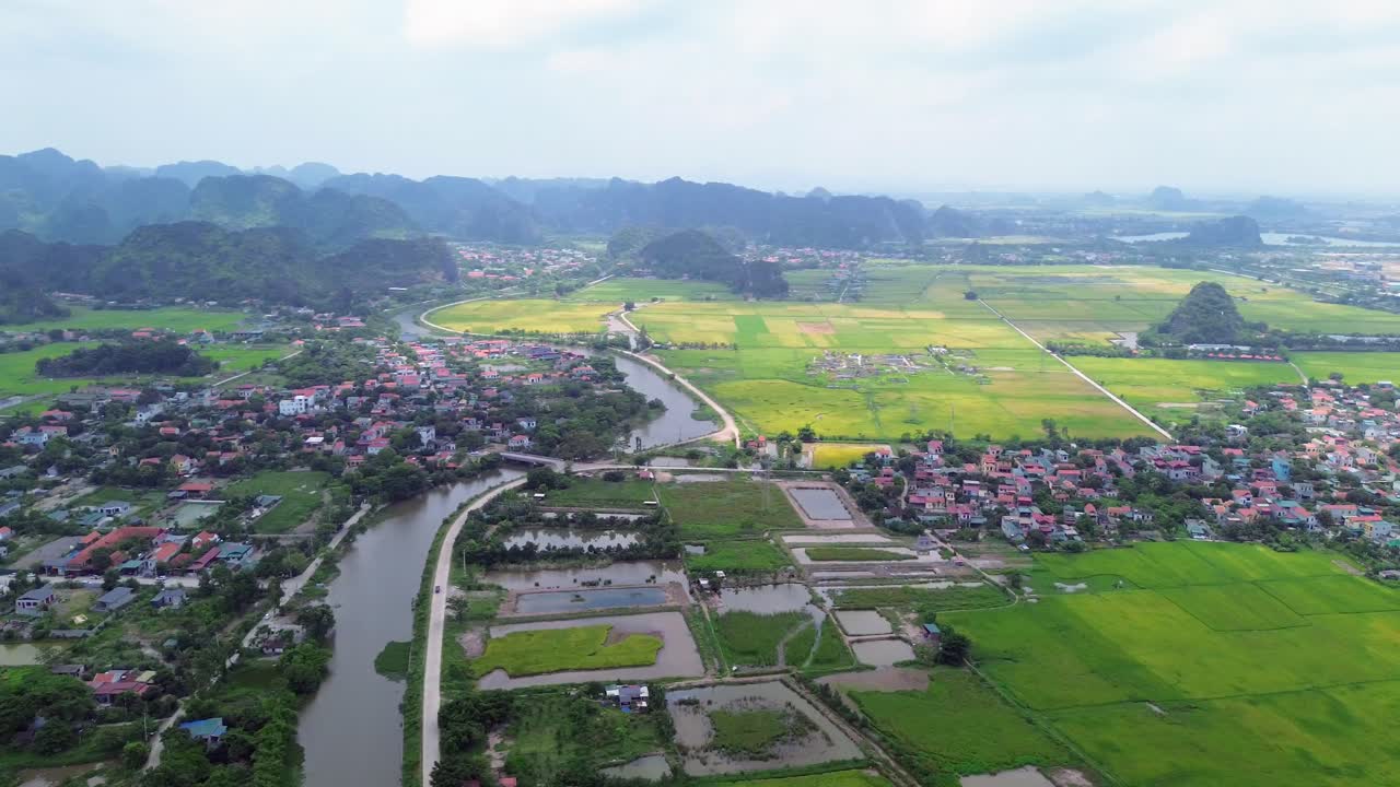 Semi orbit aerial shot showcasing lush rice fields and dramatic limestone formations under soft daylight in Ninh Binh