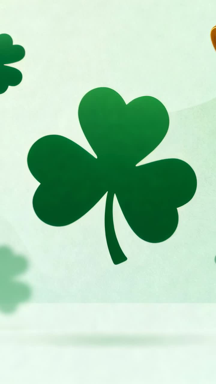 Vertical video: Shifting frames, 3-leaf clover growing and tilting on backdrop, implying floating