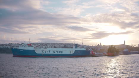 istanbul port sunset view with cargo ship