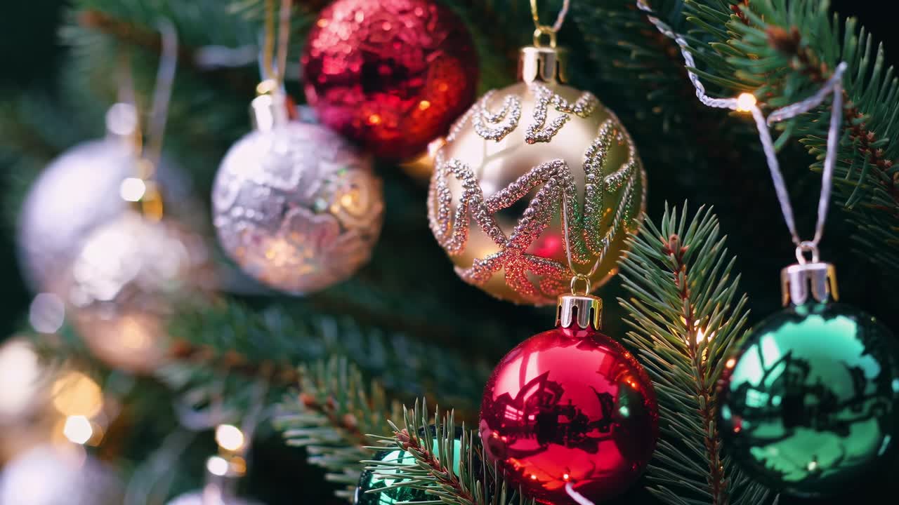 Close-up angle of festive Christmas ornaments on a tree, capturing the sparkle and detail
