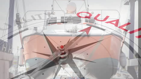 animation of compass with arrow pointing to quality text over boat in dock