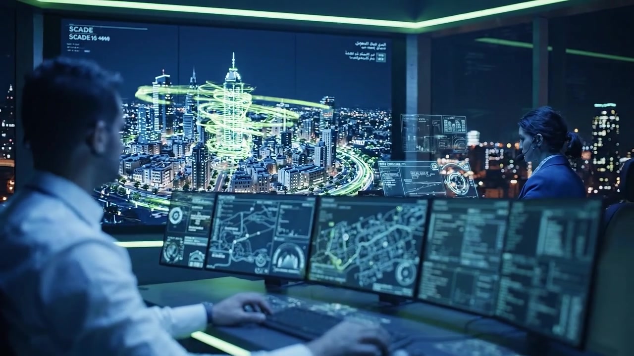 Man Interacting with Holographic Smart City Interface in Control Room