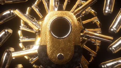 gun kaleidoscope, animation of handgun forming kaleidoscope effect, rotating into regular symmetrical patterns, weapons concept