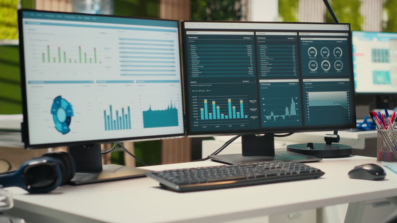 Vertical Video Empty professional office with high tech technology and dual monitors