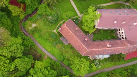 High-aerial-view-of-Obermayerhofen-castle,-Burgenland