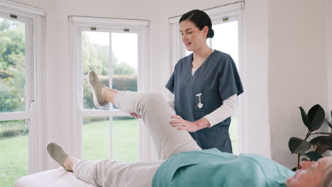 woman, nurse and patient legs in physiotherapy