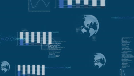 animation mehrerer grafiken, globus und computersprache auf blauem hintergrund