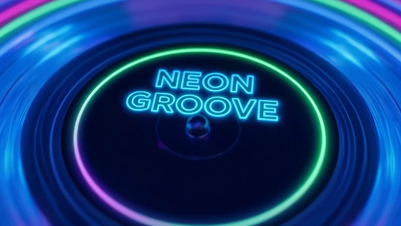 Primo piano di un disco in vinile Neon Groove rotante con luci colorate