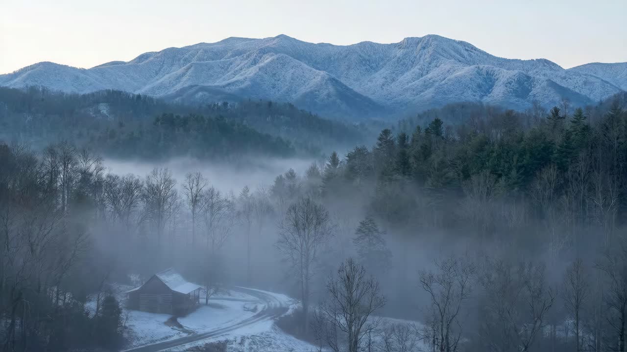 ภาพทิวทัศน์ฤดูหนาวที่มีหมอกปกคลุมพร้อมภูเขาและกระท่อม