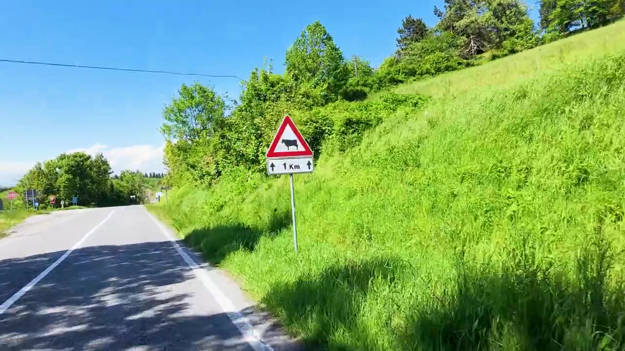 Et kjøretøy kjører langs en svingete asfaltvei gjennom frodige grønne italienske åser på landsbygda.