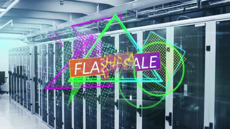 Animation-of-flash-sale-text-banner-over-abstract-neon-shapes-against-computer-server-room