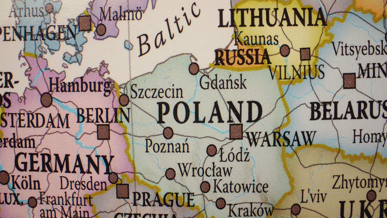 Close-up view of Poland and surrounding countries on a map