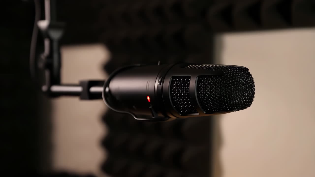 Close-up of a professional studio microphone with a red indicator light
