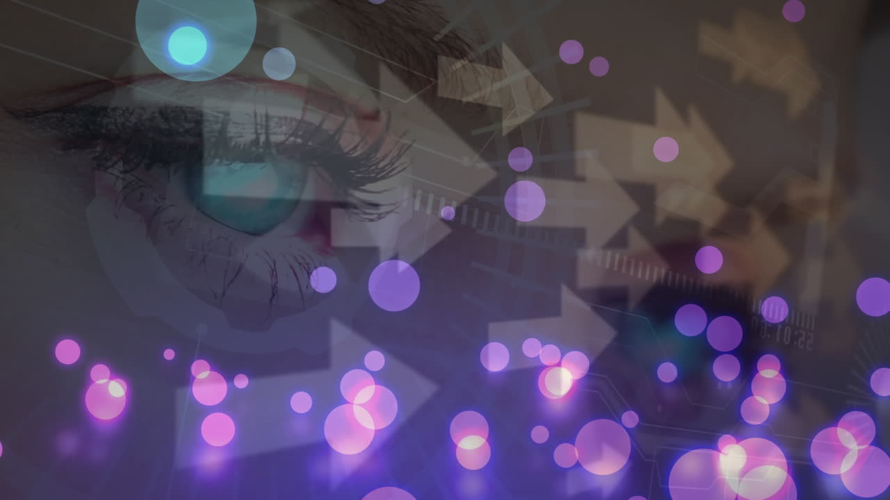 Purple glowing spots of light and multiple arrow icons against close up of female eyes